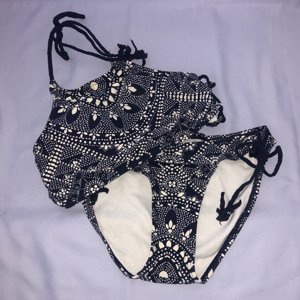 Patterned navy halter top swim set